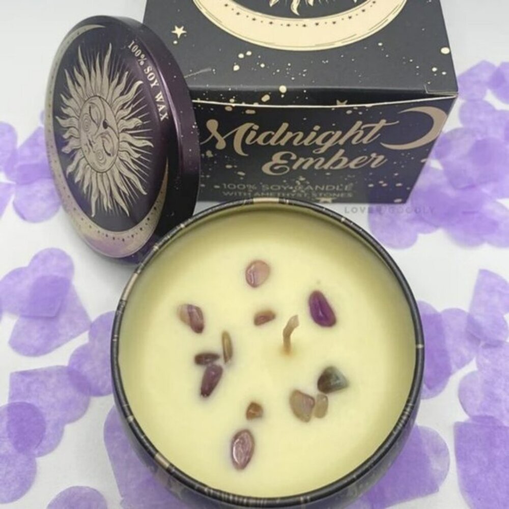 Costa Mesa Midnight Ember 100% Soy Candle With Amethyst Stones New in Box